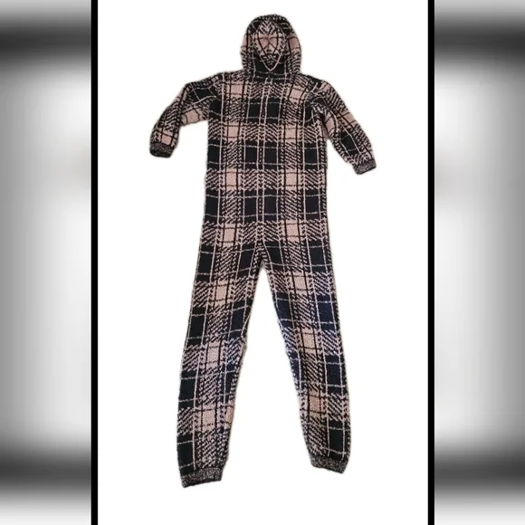 SKIMS Cozy Knit Black And Tan Plaid Jumpsuit Pajama Loungewear Cozy Zip Up 8/10 - Picture 4 of 12